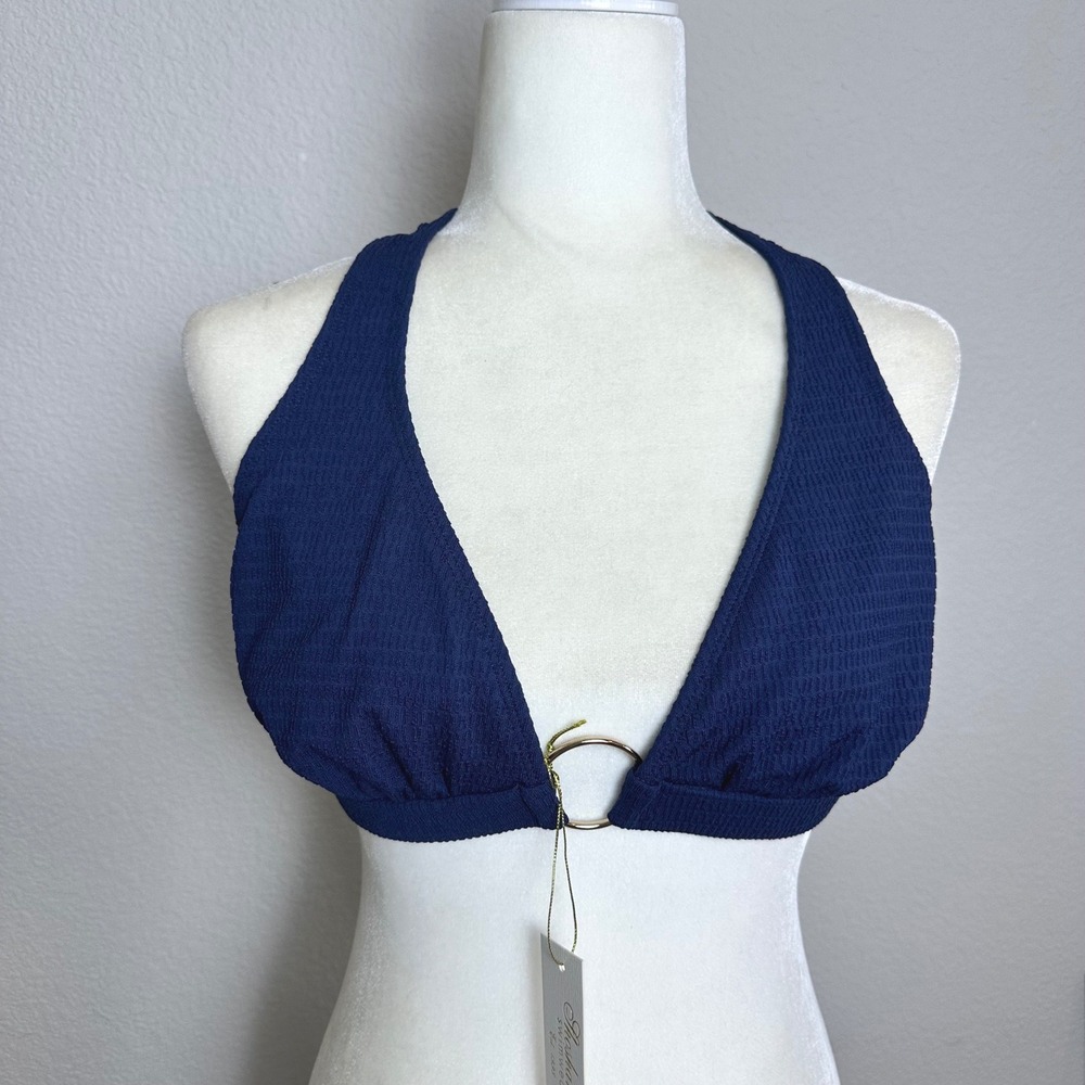 Shoshanna Navy Blue Textured Halter Bikini Top Gold Ring Detail DD NEW Luxury